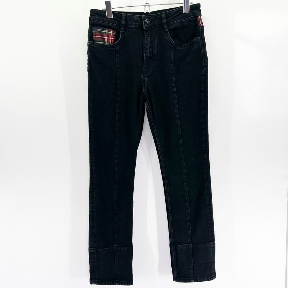 MAJE Black Parloeco Tartan Plaid Paneled Straight Leg Jeans size 28